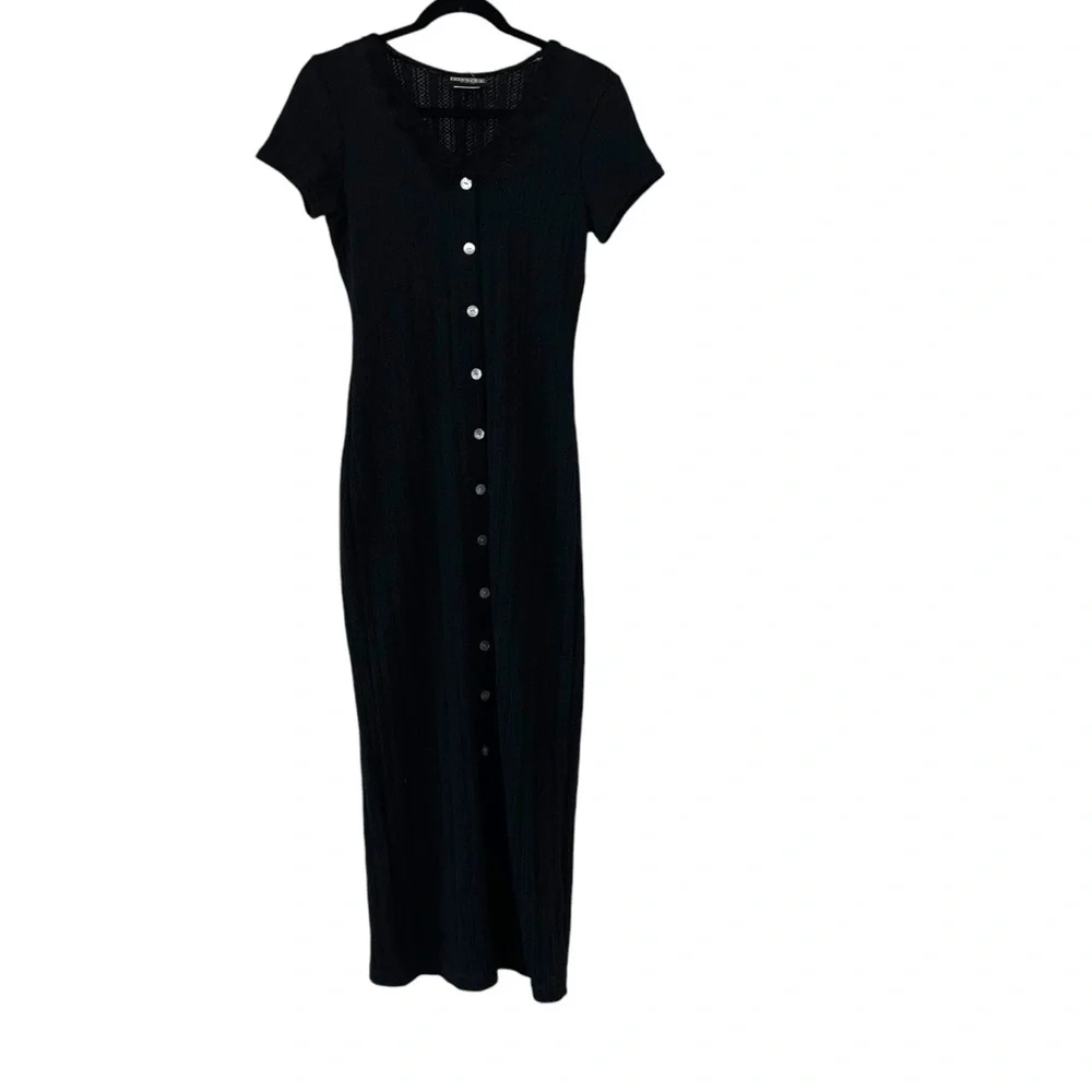 Vintage 90s Facets by mirrors black button down knit ribbed bodycon maxi dress - Picture 4 of 9